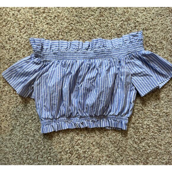 Zara Basics top, medium, blue & white with bow; off the shoulder - Picture 3 of 6